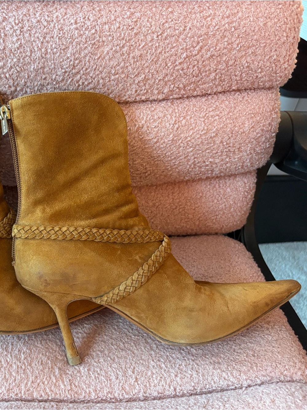 Jimmy Choo Camel Suede Pointed-Toe Braided Ankle Boots